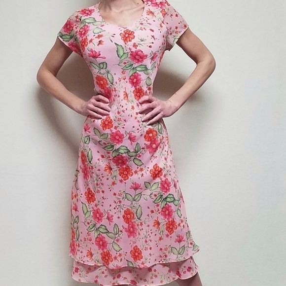 VINTAGE White Stag Orange Pink Floral Tiered Short Sleeve Maxi Summer Dress 12 - Picture 2 of 12